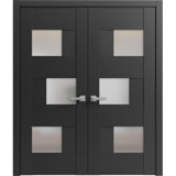Solid French Double Doors | Sete 6933 With Frosted Glass | Wood Solid Panel Frame Trims 